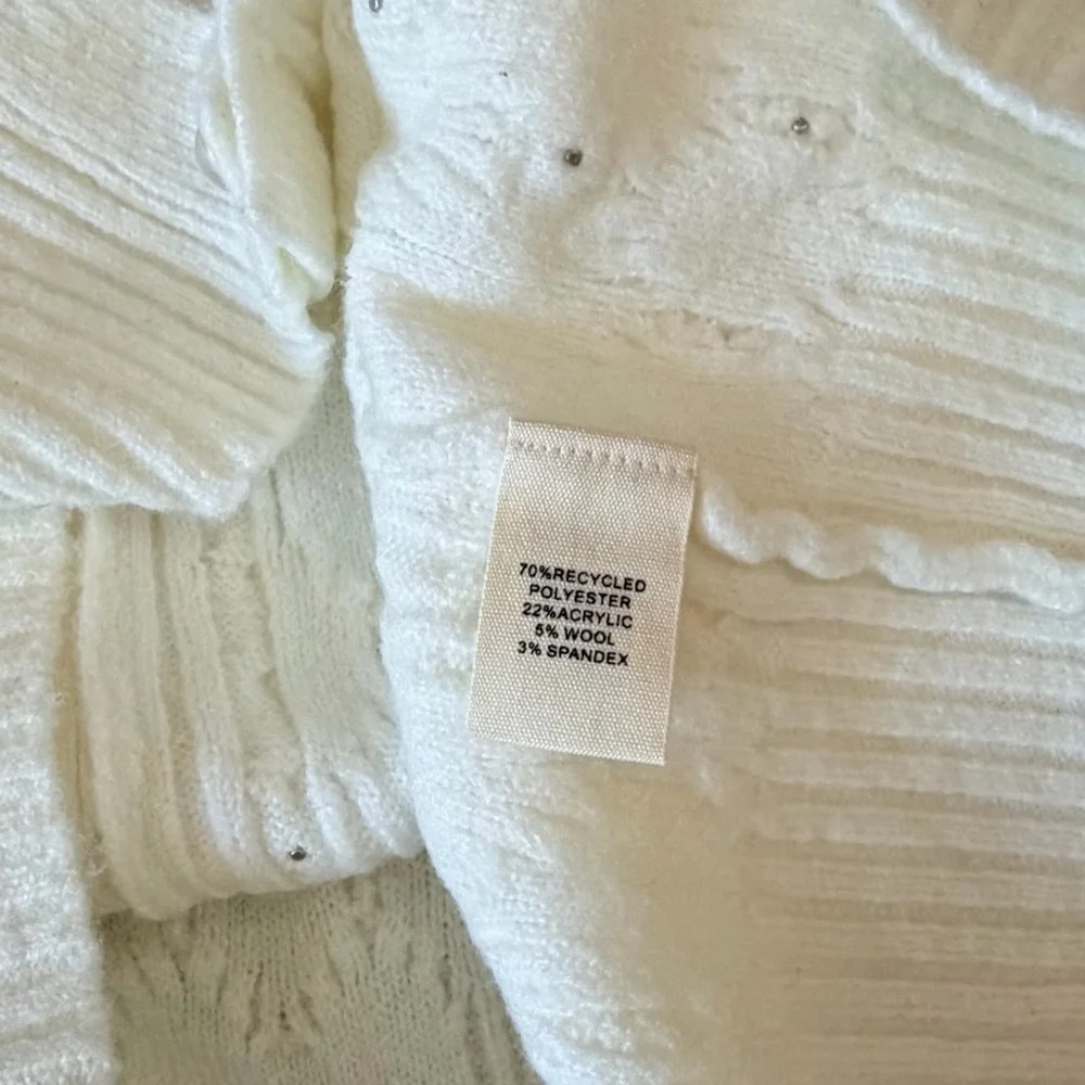 Marled Cable Knit Off White Cardigan Sweater with Pearl Details, Sz S